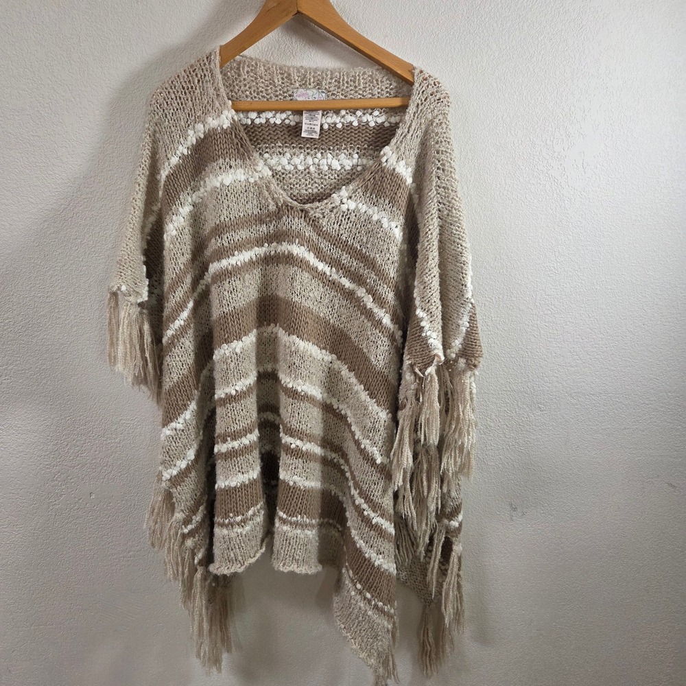 Free People Womens Tan Striped Fringe Boho Poncho Sweater One Size V-Neck